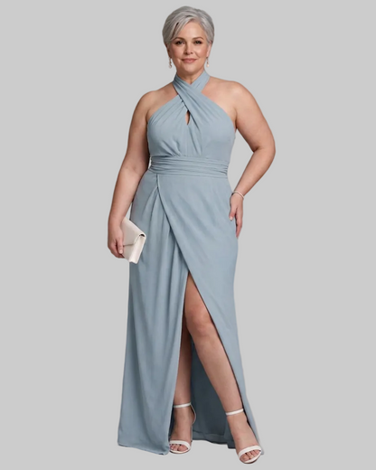 Vaelora | Cross Halter Draped Side Slit Vestido Midi