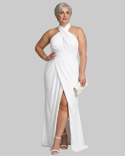 Vaelora | Cross Halter Draped Side Slit Vestido Midi