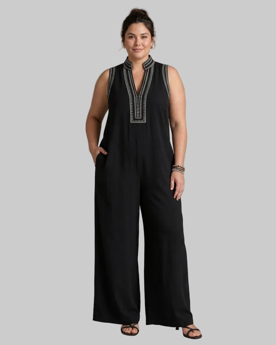 Velmira | Embroidered V Neck Sleeveless Wide Leg Mono Silhouette