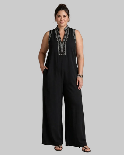 Velmira | Embroidered V Neck Sleeveless Wide Leg Mono Silhouette
