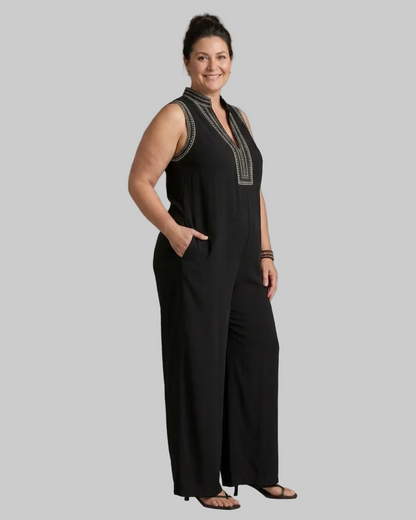 Velmira | Embroidered V Neck Sleeveless Wide Leg Mono Silhouette
