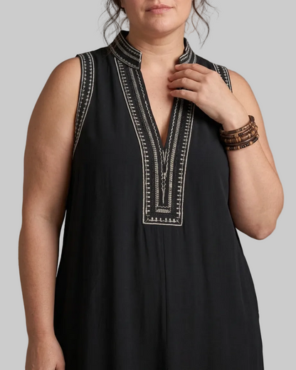 Velmira | Embroidered V Neck Sleeveless Wide Leg Mono Silhouette