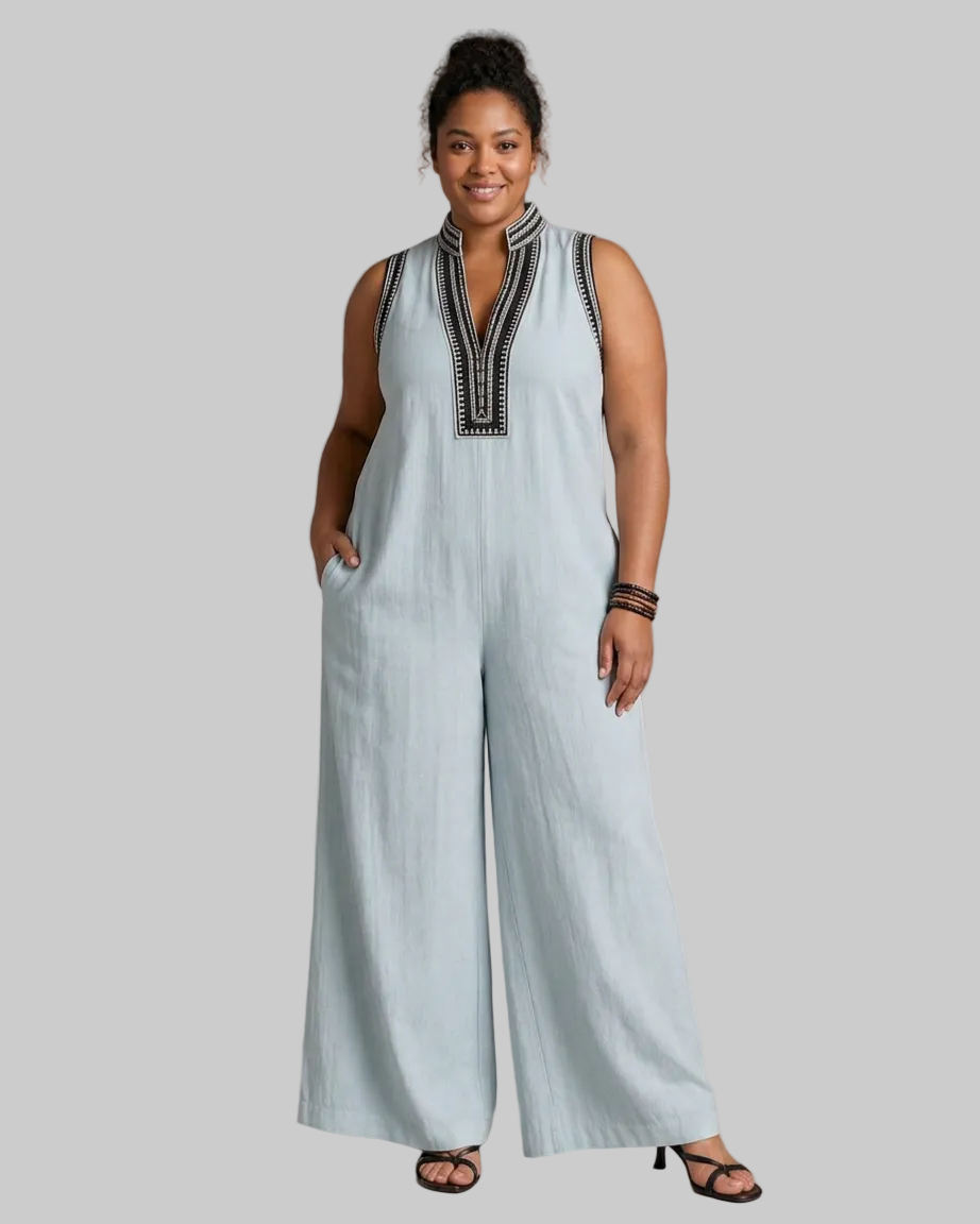 Velmira | Embroidered V Neck Sleeveless Wide Leg Mono Silhouette