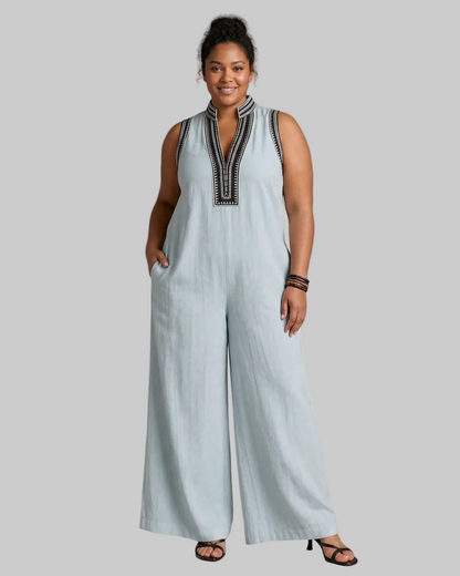 Velmira | Embroidered V Neck Sleeveless Wide Leg Mono Silhouette
