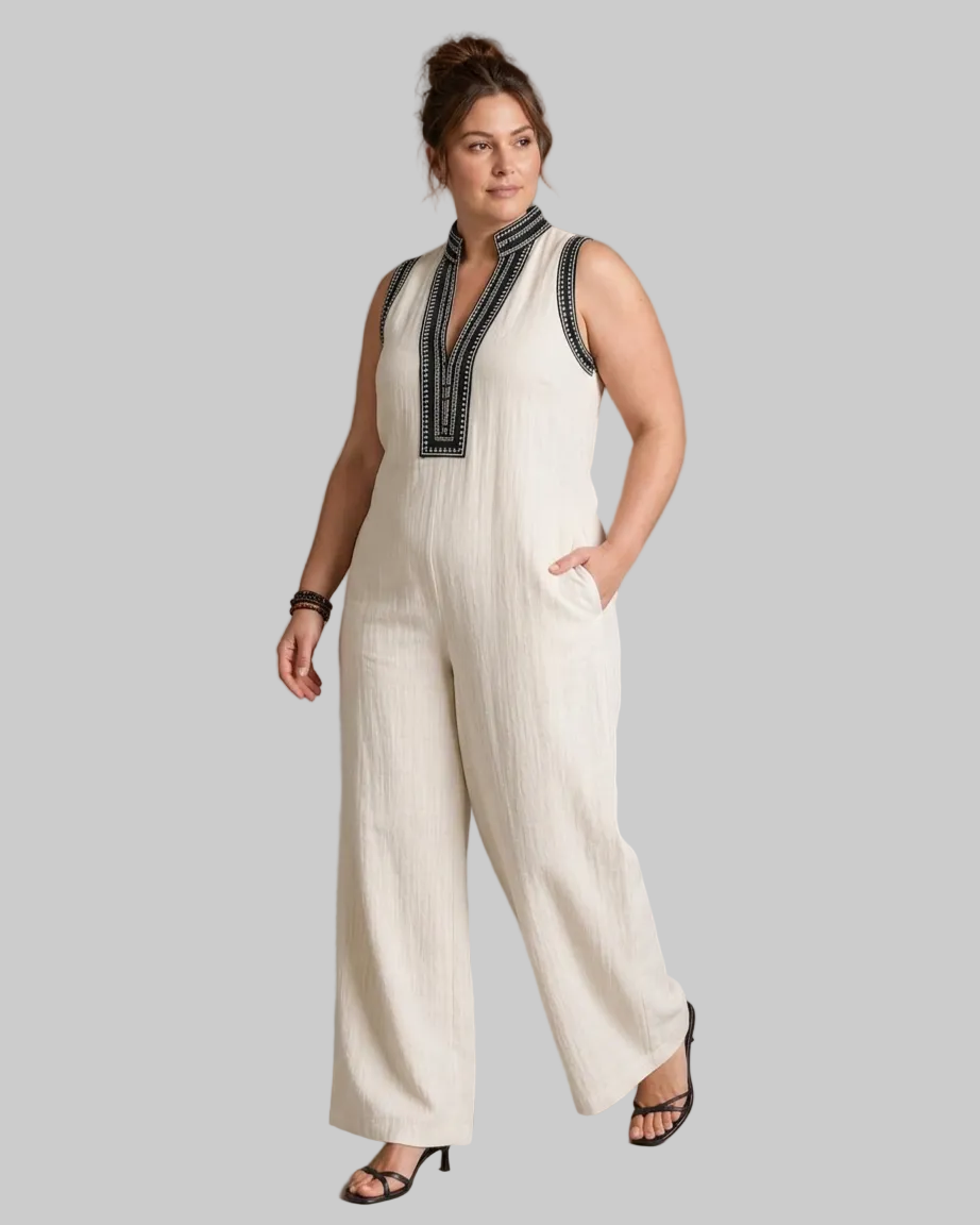 Velmira | Embroidered V Neck Sleeveless Wide Leg Mono Silhouette