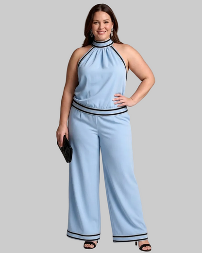 Zephyrine | Contrast Trim Halter Neck Wide Leg Mono Silhouette