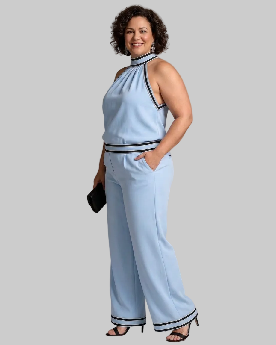 Zephyrine | Contrast Trim Halter Neck Wide Leg Mono Silhouette