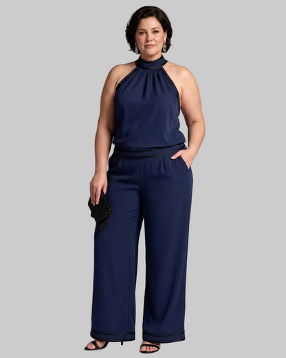 Zephyrine | Contrast Trim Halter Neck Wide Leg Mono Silhouette