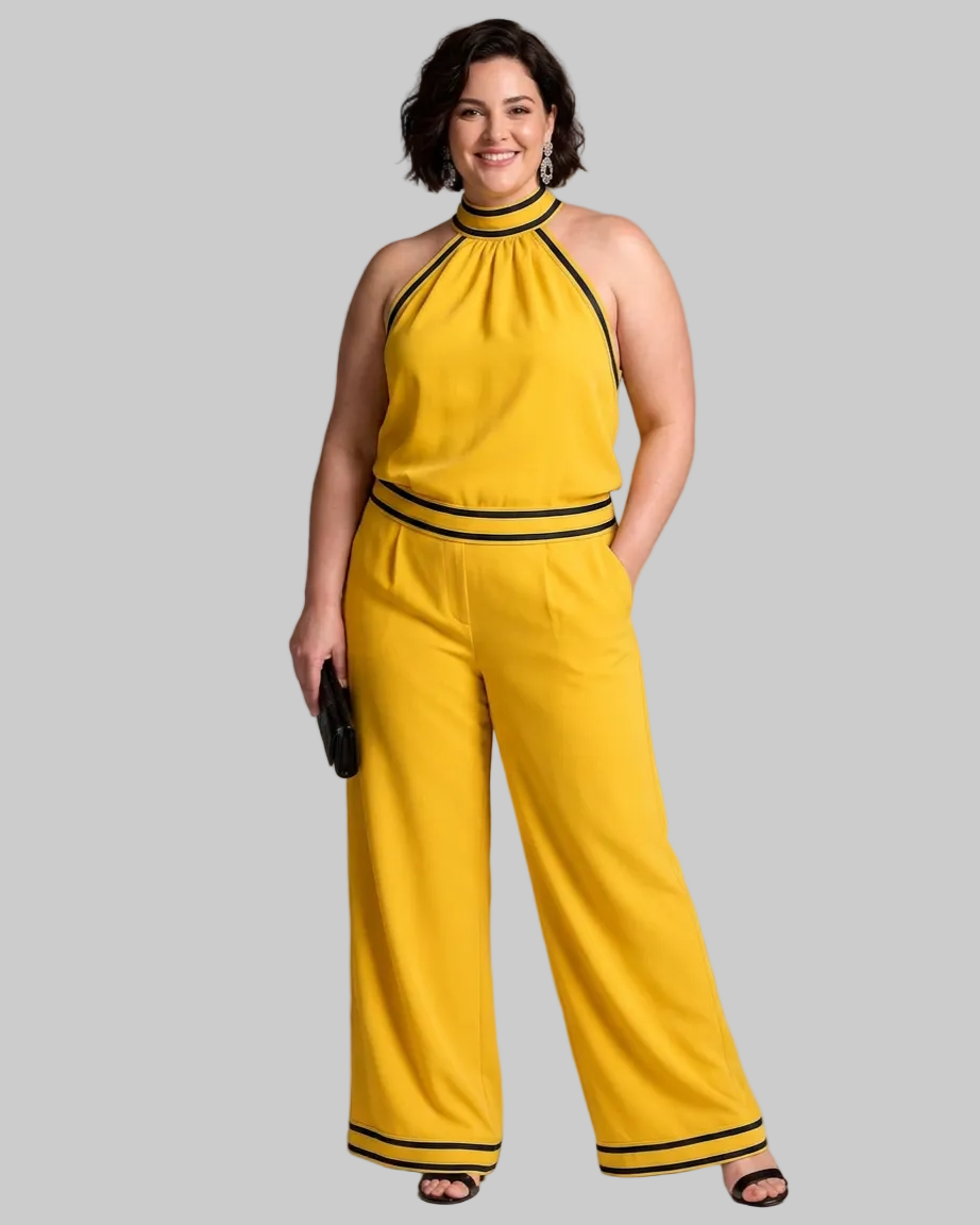 Zephyrine | Contrast Trim Halter Neck Wide Leg Mono Silhouette