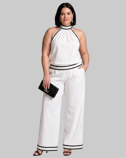 Zephyrine | Contrast Trim Halter Neck Wide Leg Mono Silhouette