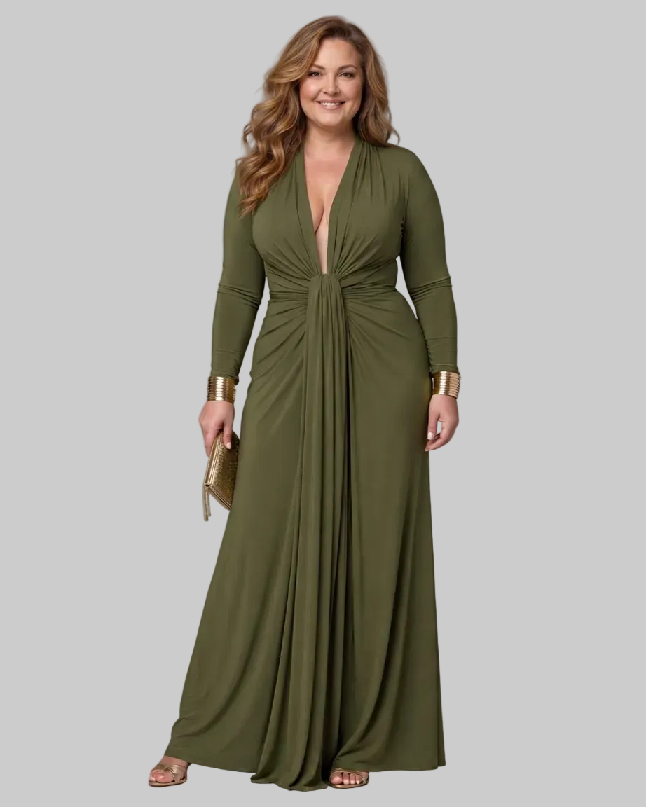 Vimmer | Draped Deep V Neck Long Sleeve Vestido Maxi
